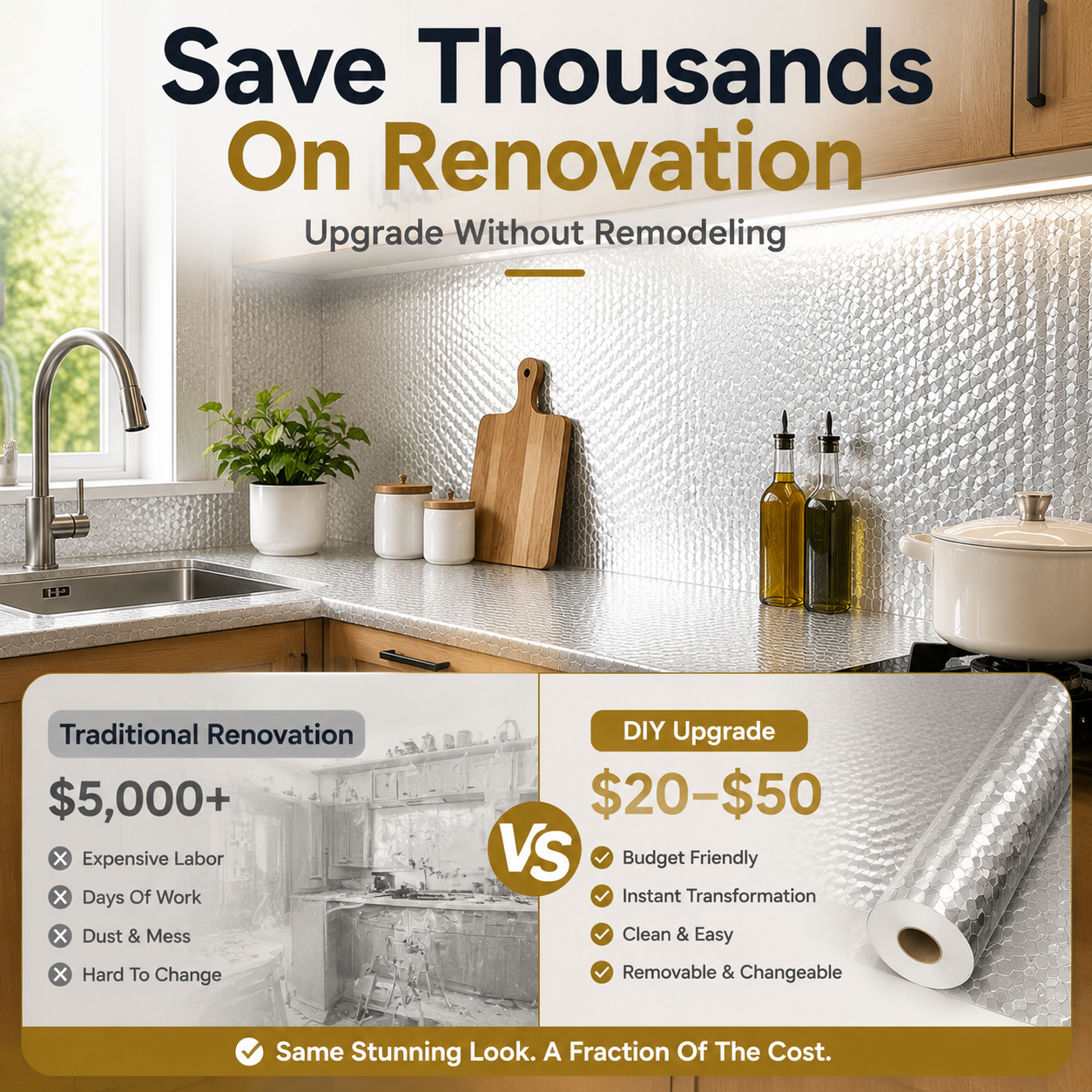 Peel & Stick Kitchen Makeover Film – Waterproof DIY Countertop & Cabinet Cover