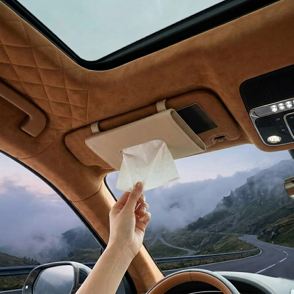 Divanoxcosh Car Visor Tissue Holder, Sun Visor Napkin Holder Hanging Paper Towel Clip, Car Disposable Mask Dispenser & Organizer, PU Leather Backseat Tissue Case for Automotive Accessories - Universal Fit