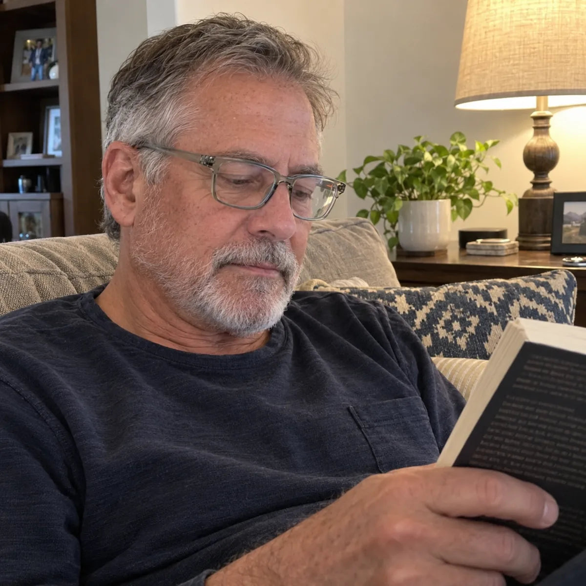 Mark reading comfortably on the couch with blue-light reading glasses