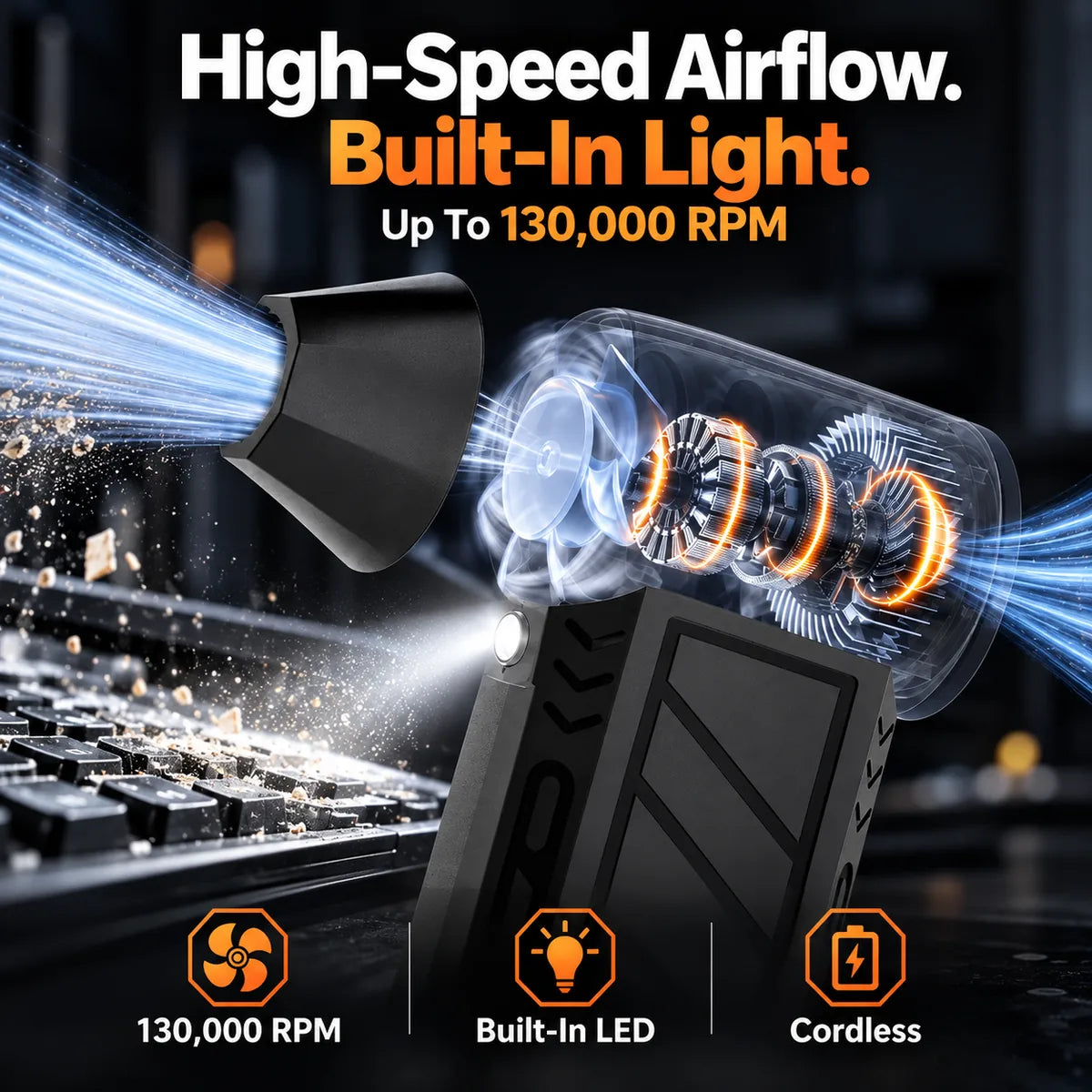 Air duster airflow motor, LED light, and cordless product features