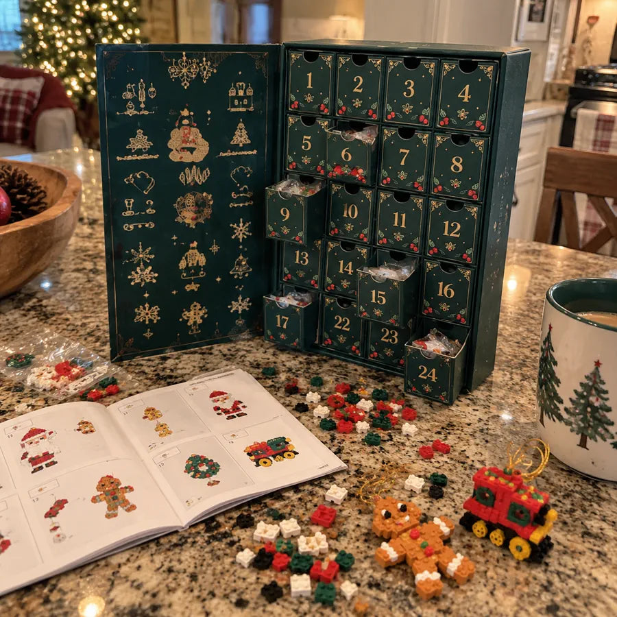 Complete Christmas brick ornament advent calendar set with instructions and pieces