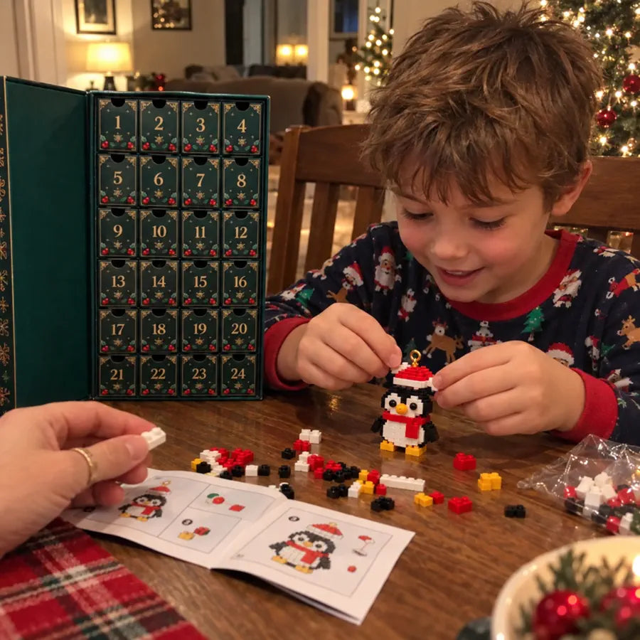 Child building mini Christmas bricks instead of using a tablet