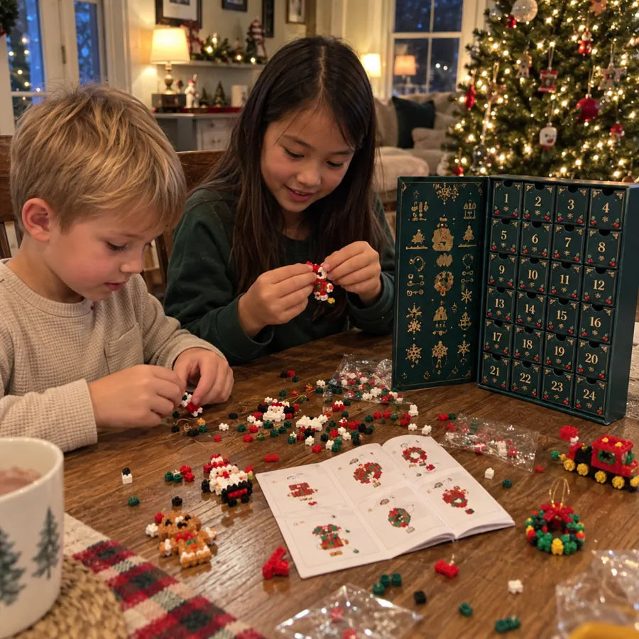 Parent helping a child build a mini Christmas brick ornament