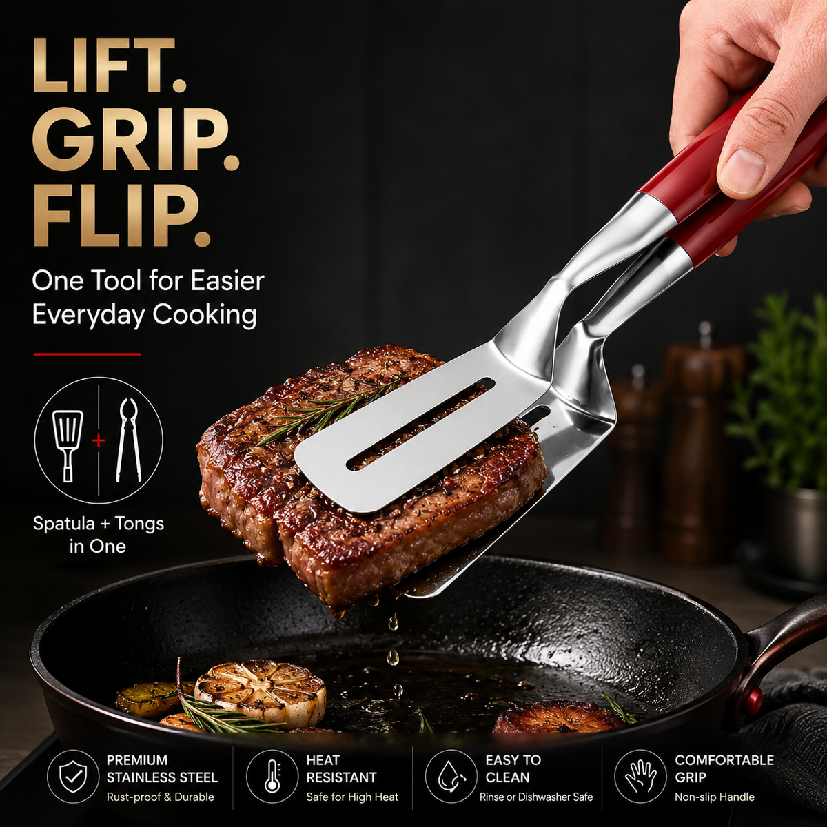 🔥LAST DAY 75% OFF ✨2-in-1 Stainless Steel Spatula Tongs – Grip, Flip & Serve