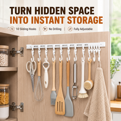🔥Lasy day 50% OFF-🔥No-Drill Sliding Rail Hook Organizer – 10 Adjustable Cabinet Hooks