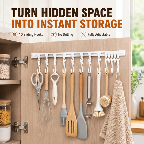 🔥Lasy day 50% OFF-🔥No-Drill Sliding Rail Hook Organizer – 10 Adjustable Cabinet Hooks