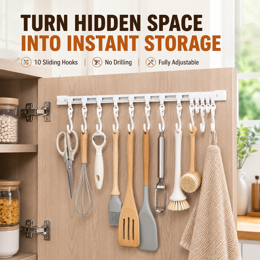 🔥Lasy day 50% OFF-🔥No-Drill Sliding Rail Hook Organizer – 10 Adjustable Cabinet Hooks