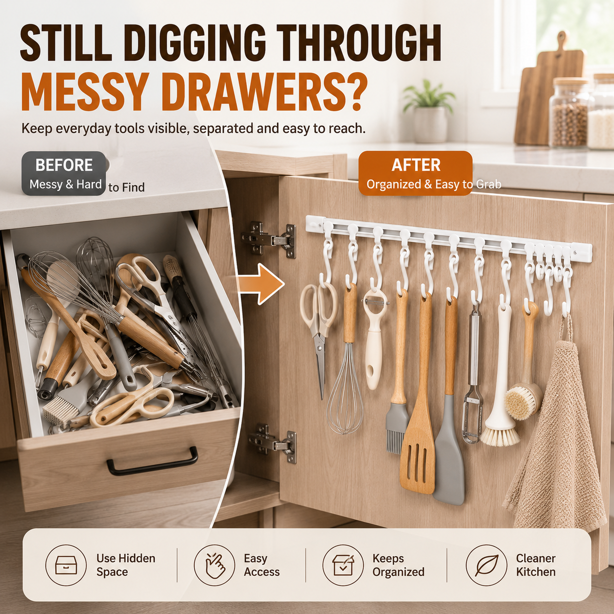 🔥Lasy day 50% OFF-🔥No-Drill Sliding Rail Hook Organizer – 10 Adjustable Cabinet Hooks