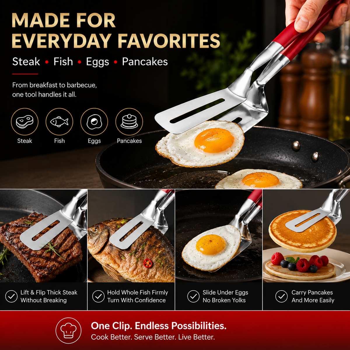 🔥LAST DAY 75% OFF ✨2-in-1 Stainless Steel Spatula Tongs – Grip, Flip & Serve