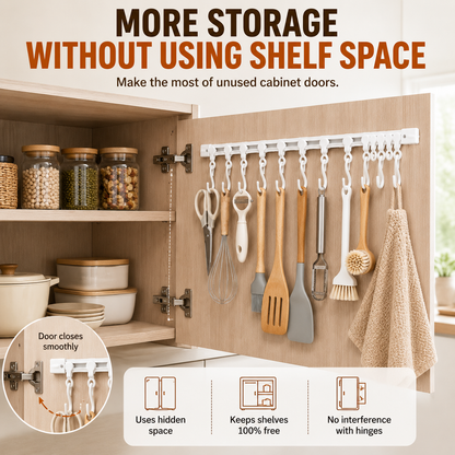 🔥Lasy day 50% OFF-🔥No-Drill Sliding Rail Hook Organizer – 10 Adjustable Cabinet Hooks
