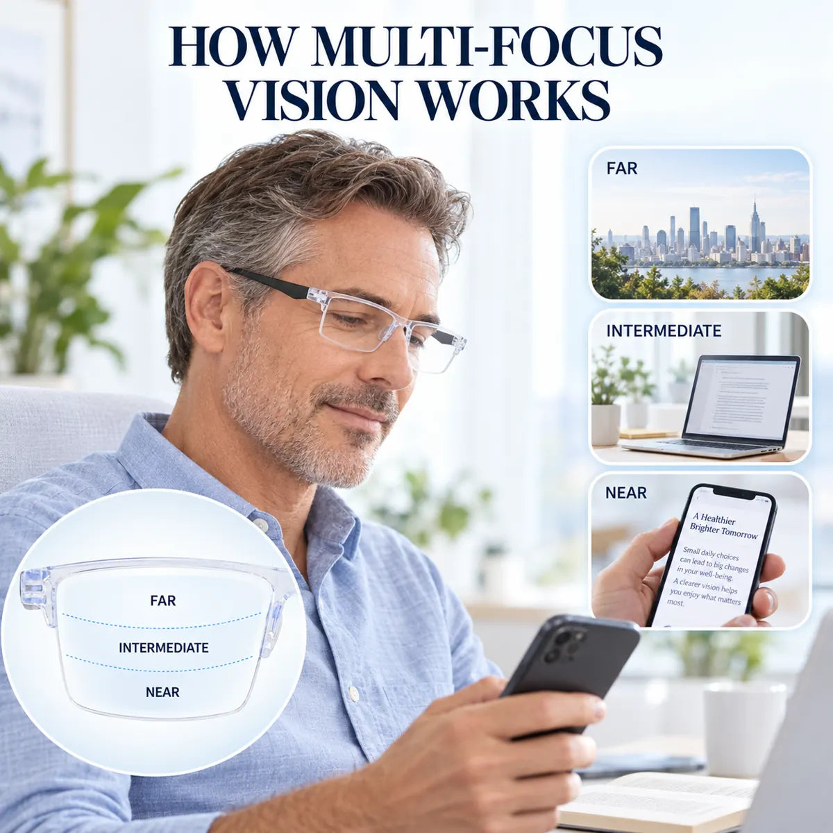 Multi-focus vision zones for far, intermediate, and near viewing