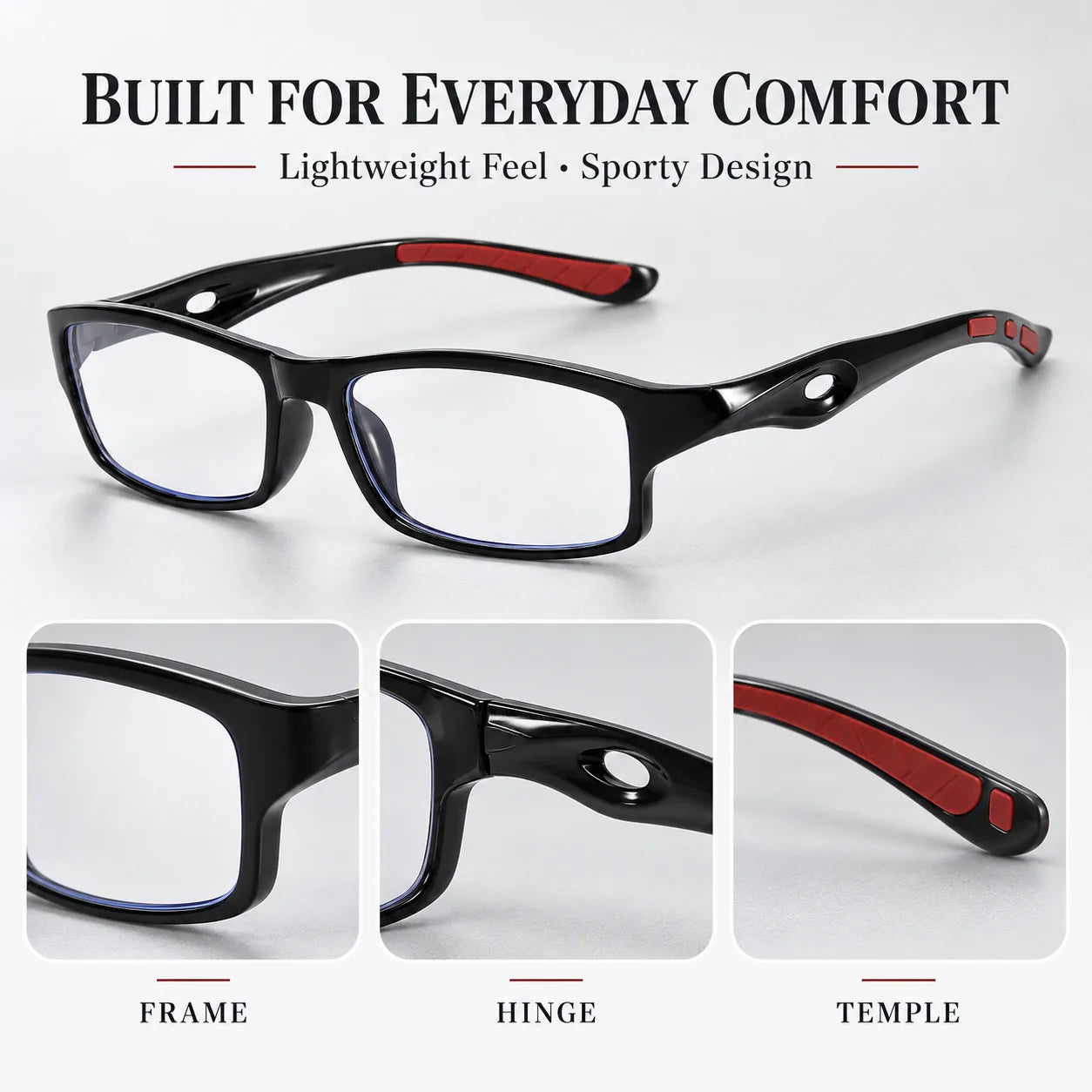 Lightweight black and red everyday comfort glasses frame details