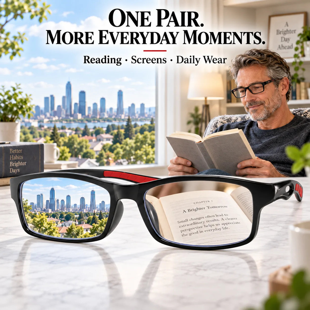 One pair of glasses for reading screens and daily wear