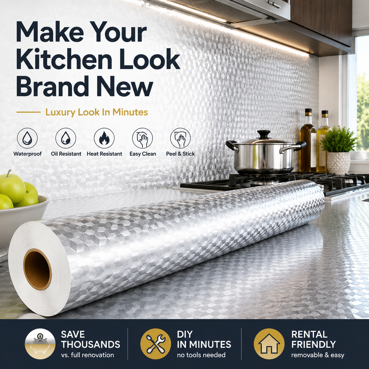Peel & Stick Kitchen Makeover Film – Waterproof DIY Countertop & Cabinet Cover