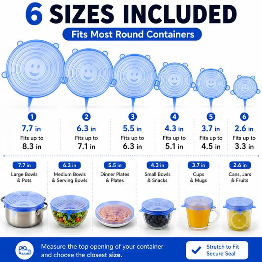 🥗 6 Pack Silicone Stretch Lids – Reusable Food Covers for Bowls, Pots, Cups & Fresh Food Storage