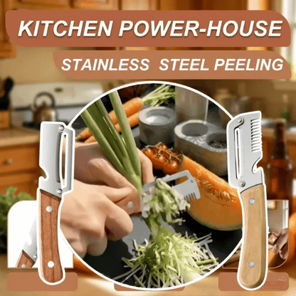 🔥3-in-1 Stainless Steel Vegetable Peeler with Wooden Handle & Bottle Opener