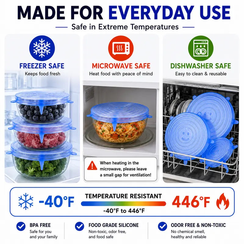 🥗 6 Pack Silicone Stretch Lids – Reusable Food Covers for Bowls, Pots, Cups & Fresh Food Storage