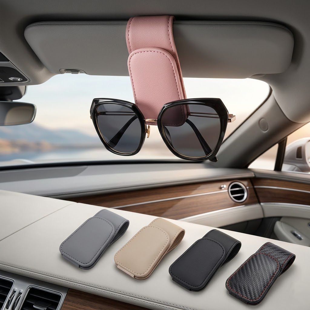 Divanoxcosh Magnetic Leather Car Sunglasses Holder for Sun Visor, Universal Eyeglasses Hanger Clip, Premium Car Interior Accessories for All Glasses Sizes