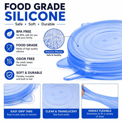 🥗 6 Pack Silicone Stretch Lids – Reusable Food Covers for Bowls, Pots, Cups & Fresh Food Storage