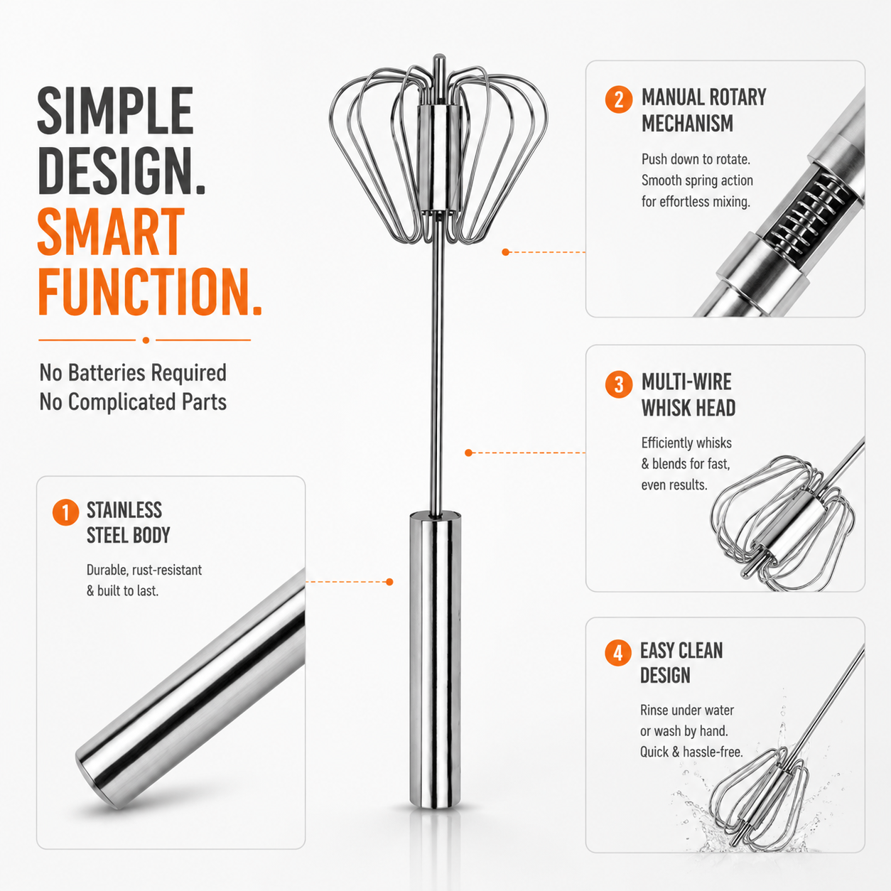 🥄LAST DAY 50% OFF ✨ Stainless Steel Hand-Push Rotary Whisk – Effortless Mixing in Seconds!