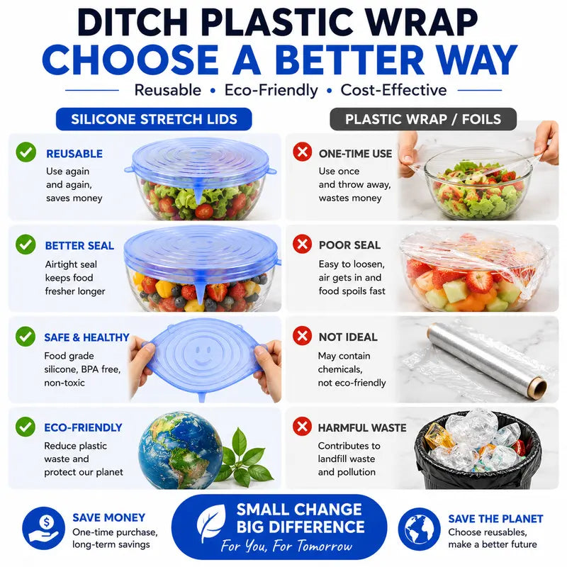 🥗 6 Pack Silicone Stretch Lids – Reusable Food Covers for Bowls, Pots, Cups & Fresh Food Storage