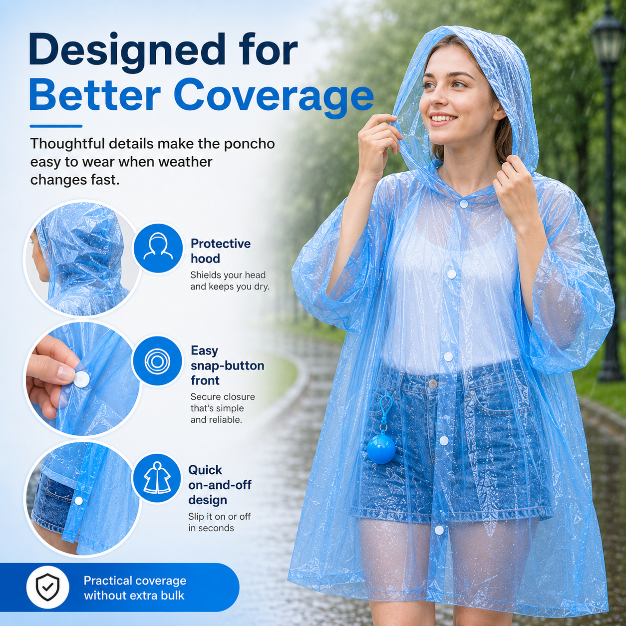 Portable Hooded Rain Poncho – Waterproof Tear-Resistant Emergency Raincoat with Keychain Case