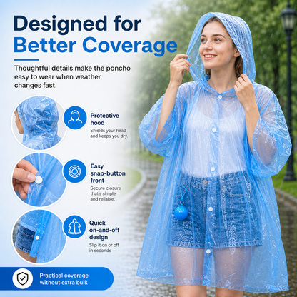 Portable Hooded Rain Poncho – Waterproof Tear-Resistant Emergency Raincoat with Keychain Case