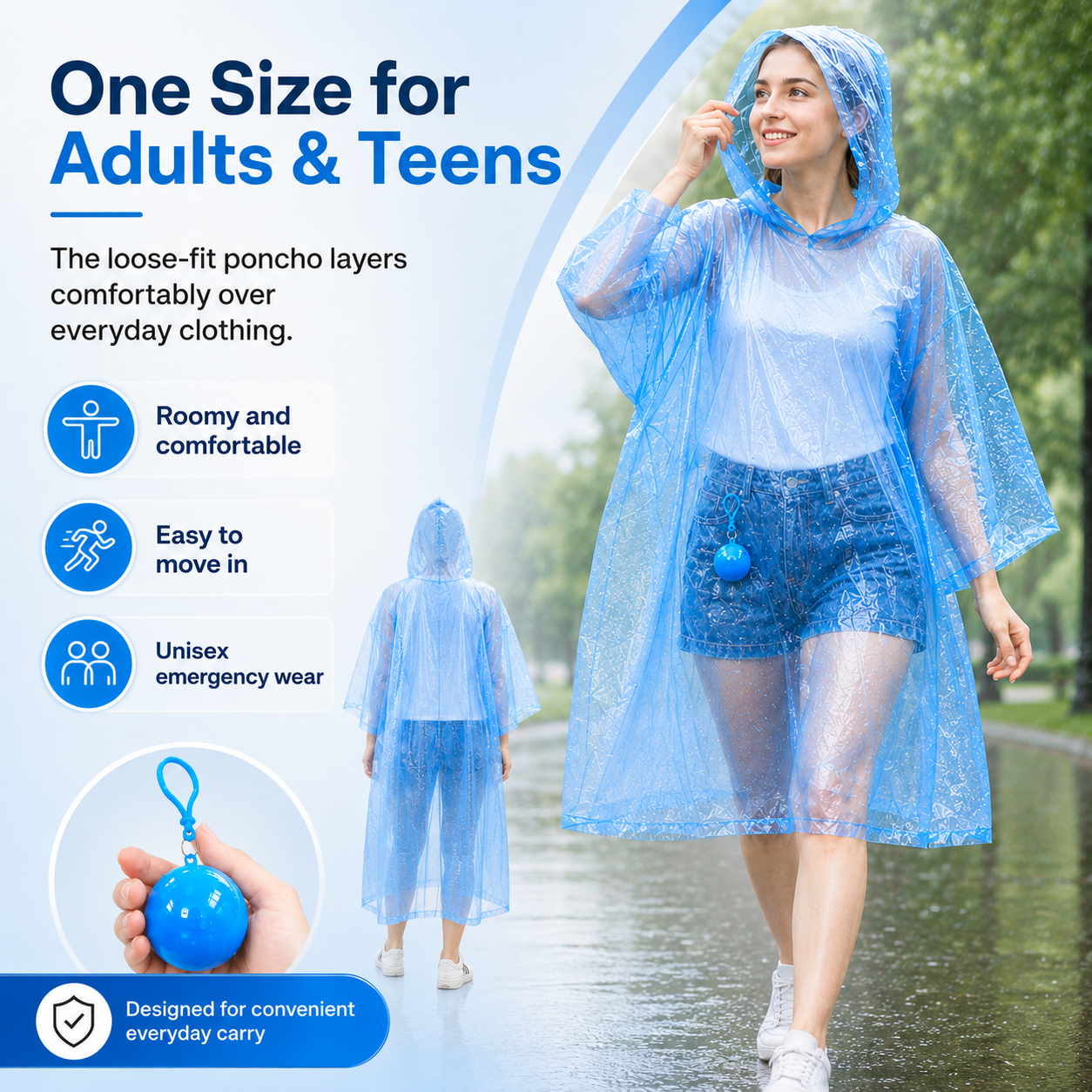 Portable Hooded Rain Poncho – Waterproof Tear-Resistant Emergency Raincoat with Keychain Case
