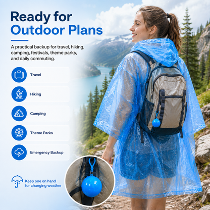 Portable Hooded Rain Poncho – Waterproof Tear-Resistant Emergency Raincoat with Keychain Case