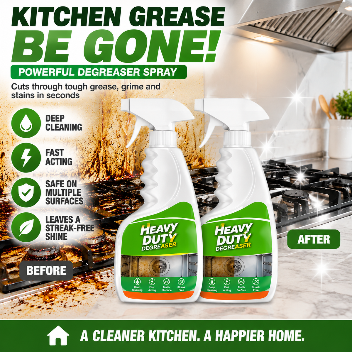 Heavy Duty Kitchen Degreaser Spray – Powerful Grease Remover For Stove, Oven, Cabinets & Multiple Surfaces