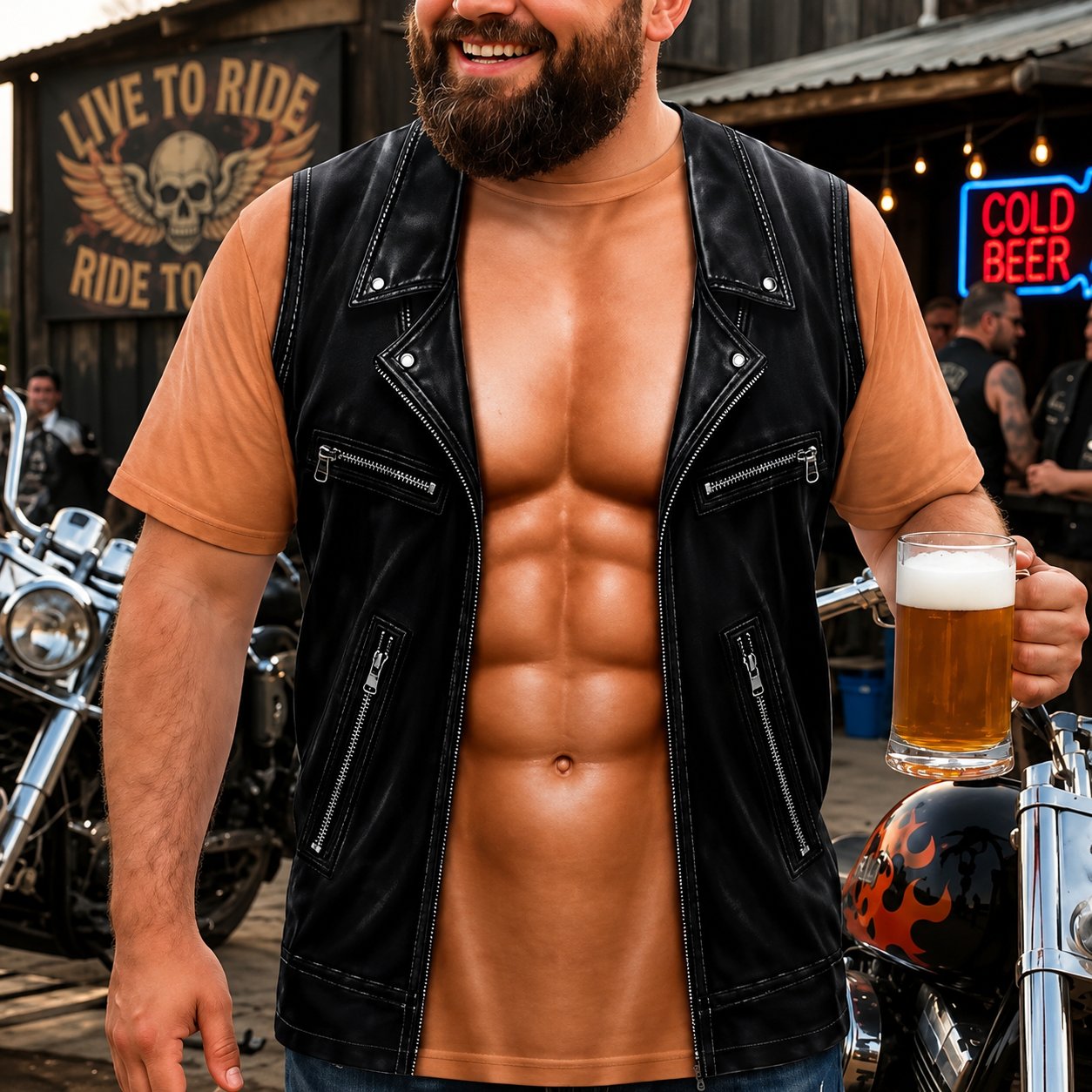 💪🔥LAST DAY 50% OFF ✨ Personalized Six Pack ABS with Biker Vest Men Funny 3D T-Shirt – 😂🤘 Look Like a Biker, Feel Like a Legend!
