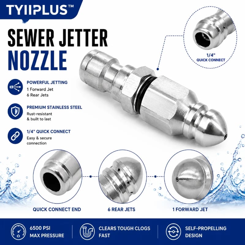 6500 PSI Stainless Steel Sewer Jetter Nozzle – 1/4" Quick Connect Drain Cleaning Attachment for Pressure Washers