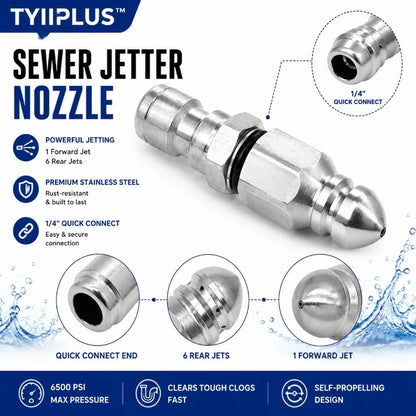 6500 PSI Stainless Steel Sewer Jetter Nozzle – 1/4" Quick Connect Drain Cleaning Attachment for Pressure Washers