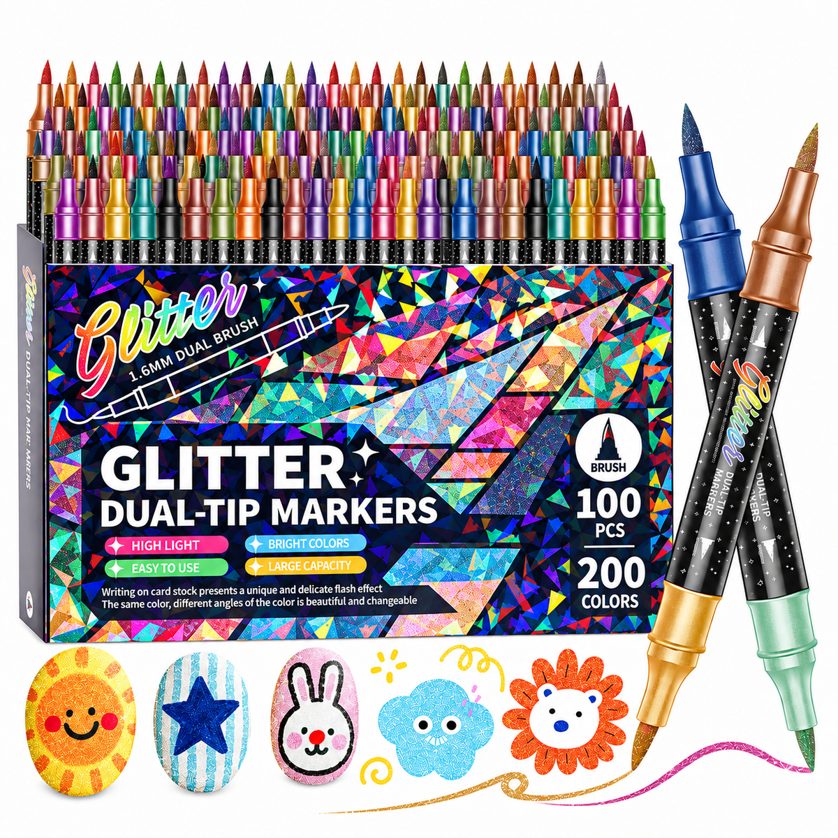 🎨Glitter Effect Brush Markers - Create Sparkling Artwork Easily(🌈24-200 Colors | Smooth No Clog | No Bleed Through📝) UPSELL