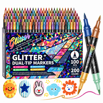 🎨Glitter Effect Brush Markers - Create Sparkling Artwork Easily(🌈24-200 Colors | Smooth No Clog | No Bleed Through📝) UPSELL