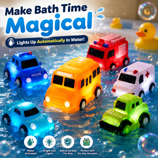 🚗IVOSOMA® 6PCS Water-Activated Light-Up Bath Toy Cars – Traffic & Construction Vehicles for Kids