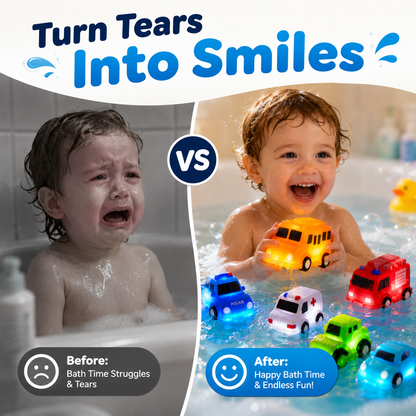 🚗IVOSOMA® 6PCS Water-Activated Light-Up Bath Toy Cars – Traffic & Construction Vehicles for Kids