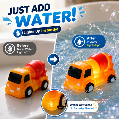 🚗IVOSOMA® 6PCS Water-Activated Light-Up Bath Toy Cars – Traffic & Construction Vehicles for Kids