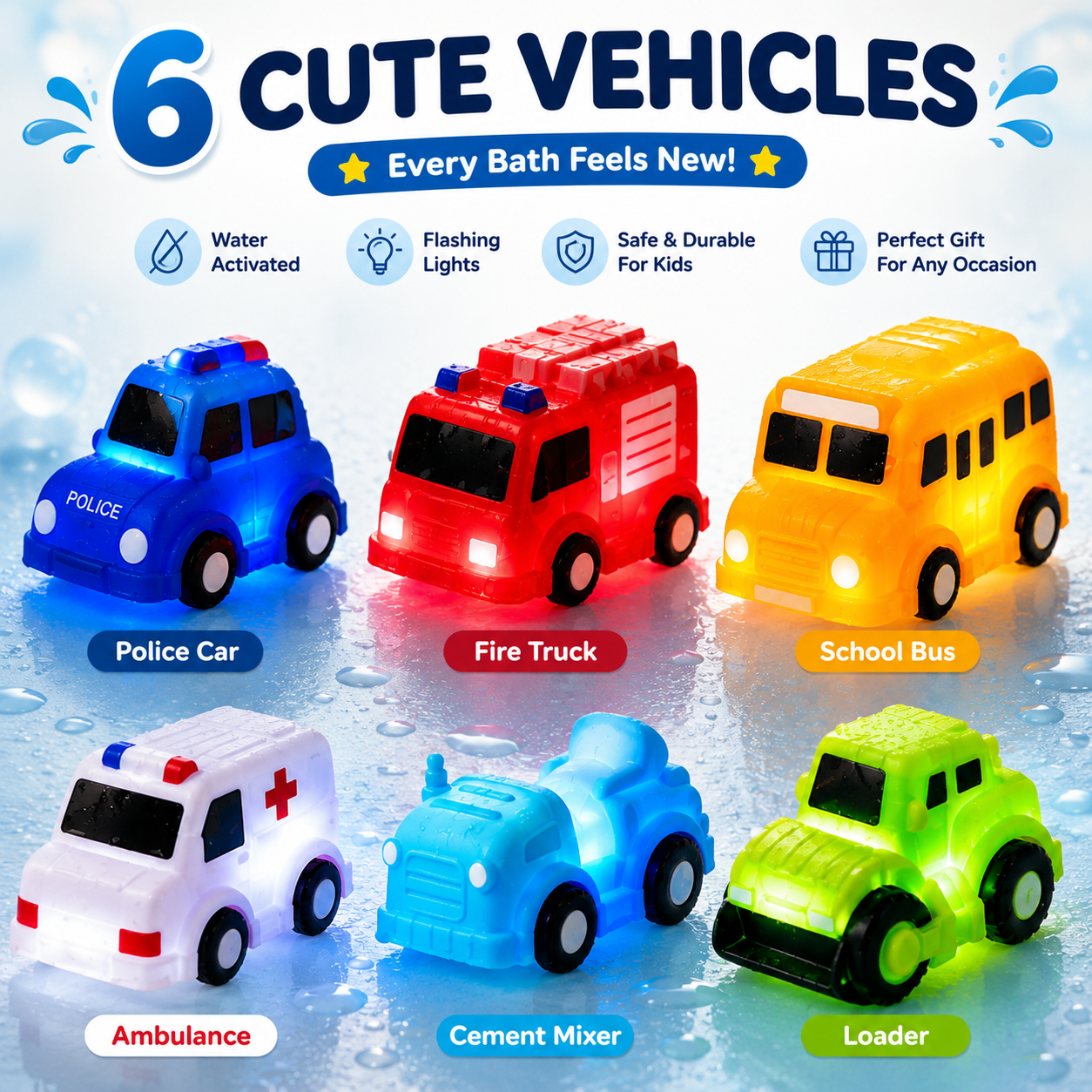 🚗IVOSOMA® 6PCS Water-Activated Light-Up Bath Toy Cars – Traffic & Construction Vehicles for Kids