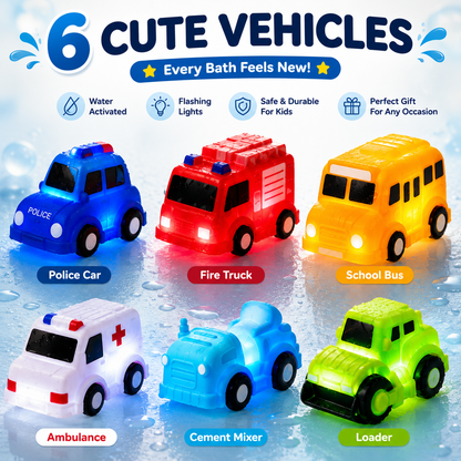 🚗IVOSOMA® 6PCS Water-Activated Light-Up Bath Toy Cars – Traffic & Construction Vehicles for Kids