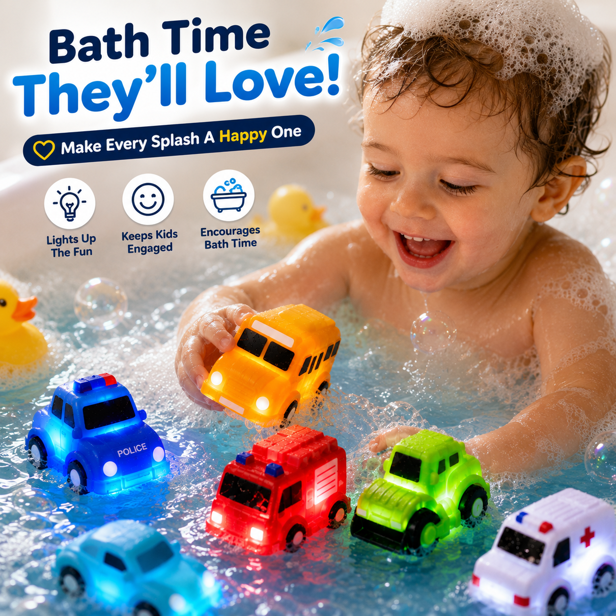 🚗IVOSOMA® 6PCS Water-Activated Light-Up Bath Toy Cars – Traffic & Construction Vehicles for Kids