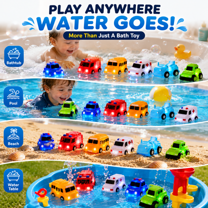 🚗IVOSOMA® 6PCS Water-Activated Light-Up Bath Toy Cars – Traffic & Construction Vehicles for Kids