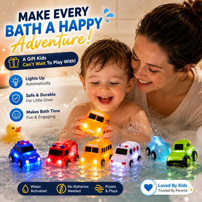 🚗IVOSOMA® 6PCS Water-Activated Light-Up Bath Toy Cars – Traffic & Construction Vehicles for Kids