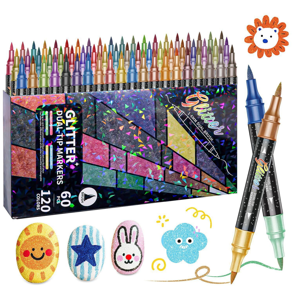 🎨Glitter Effect Brush Markers - Create Sparkling Artwork Easily(🌈24-200 Colors | Smooth No Clog | No Bleed Through📝) UPSELL