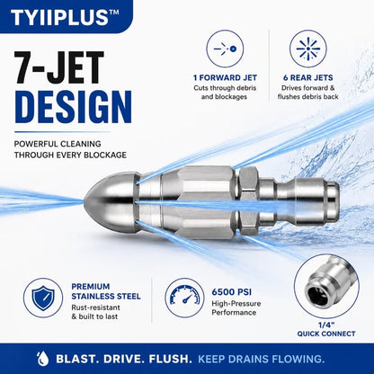 6500 PSI Stainless Steel Sewer Jetter Nozzle – 1/4" Quick Connect Drain Cleaning Attachment for Pressure Washers