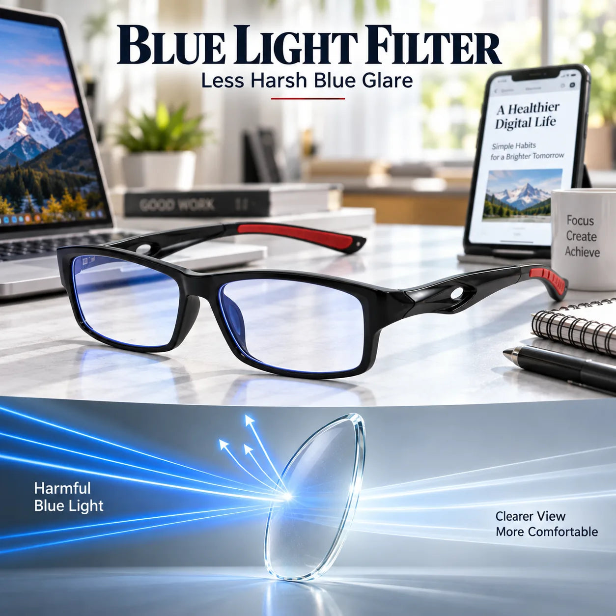 Blue light filter glasses reducing harsh screen glare
