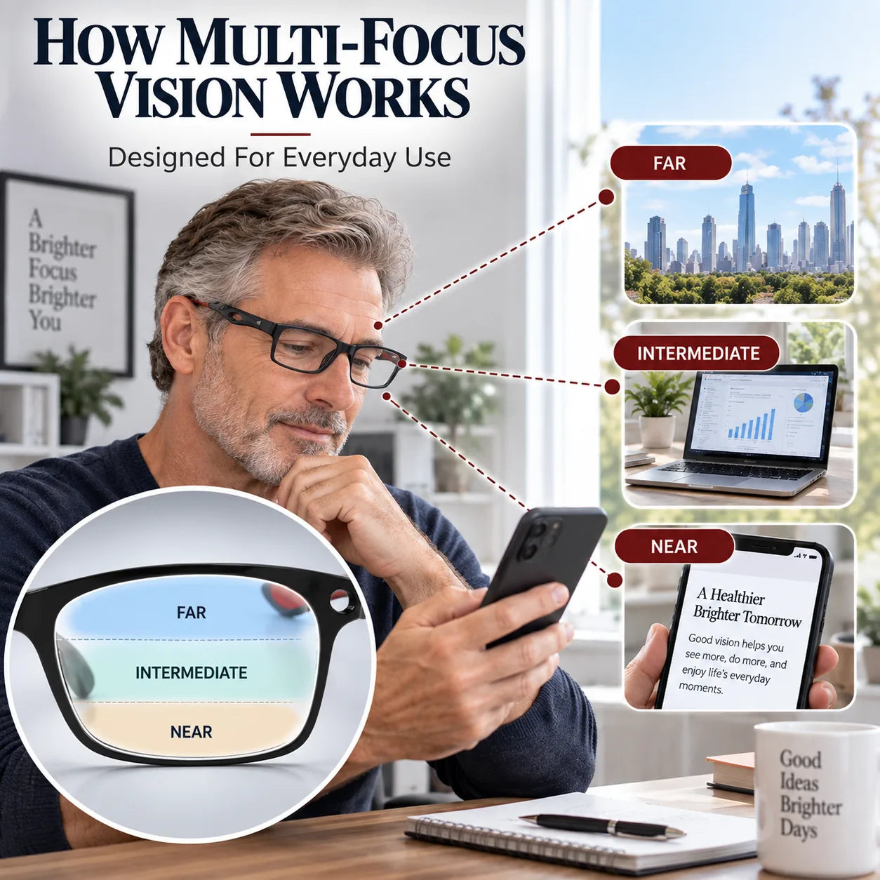 Multi-focus vision zones for far intermediate and near viewing