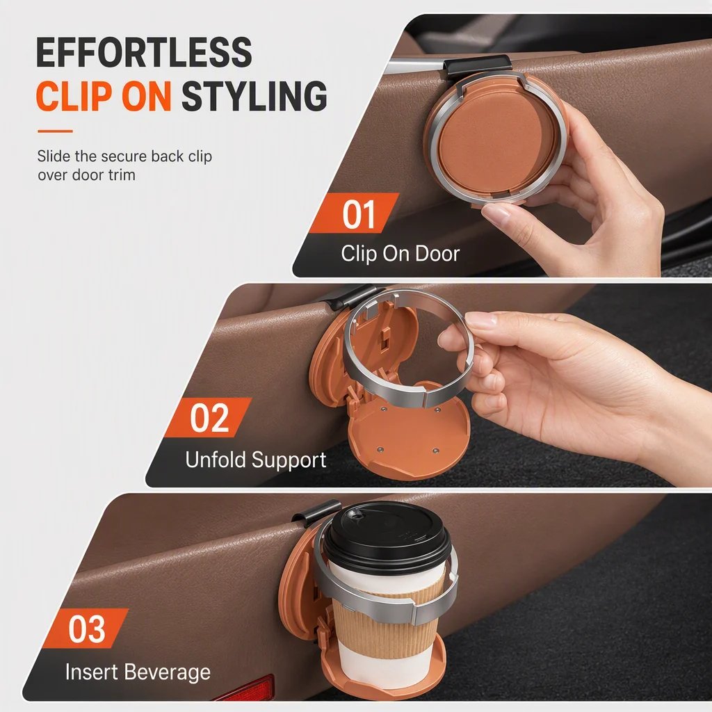 🔥LAST DAY 50% OFF ✨Foldable Car Cup Holder with Hook, Space-Saving Vehicle Drink Holder for Bottles, Coffee Cups & Tumblers