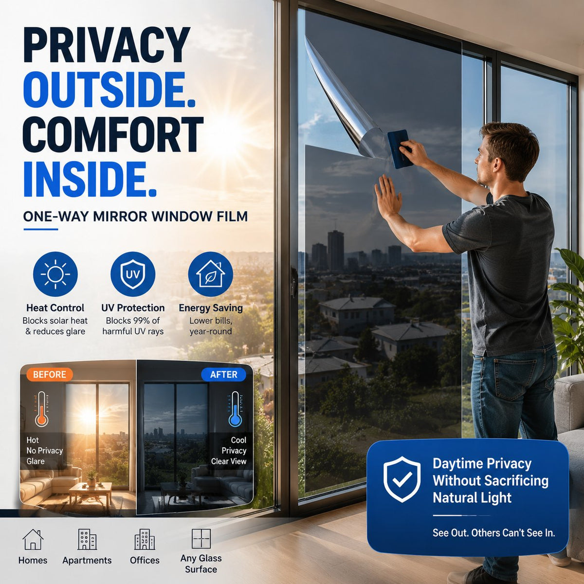 Dobryla® One-Way Mirror Window Film – Heat Control & UV Protection