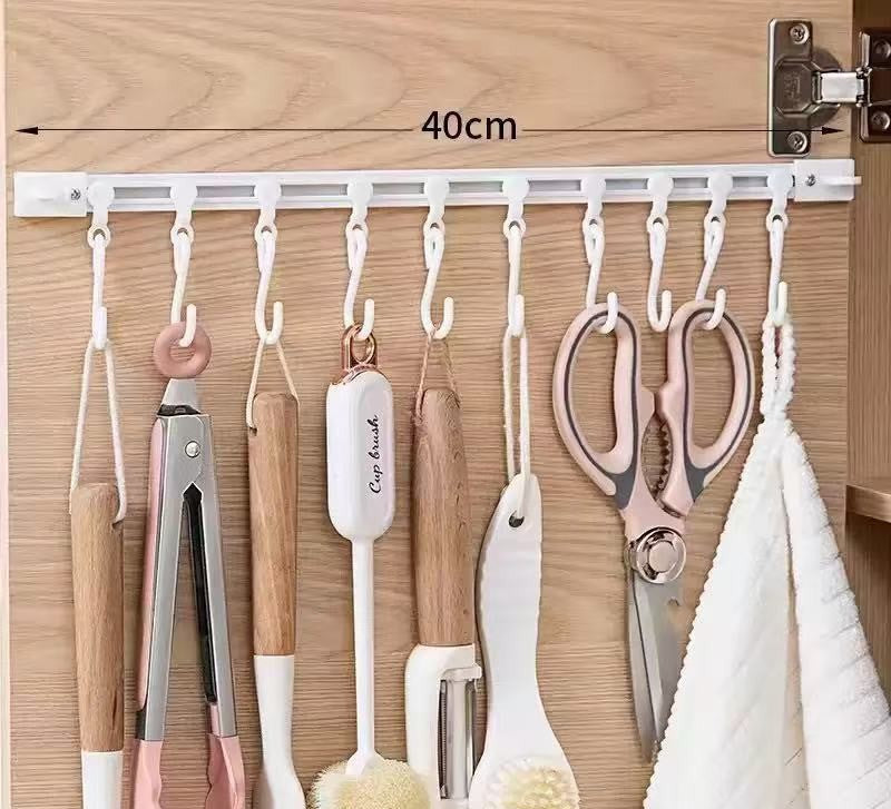🔥Lasy day 50% OFF-🔥No-Drill Sliding Rail Hook Organizer – 10 Adjustable Cabinet Hooks